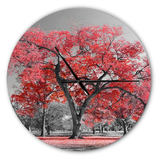 Designart Big Red Tree On Foggy Day Wall Clock